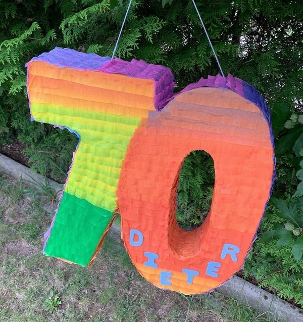 Pinata Zahl 70 bunt Geschenke Box Geldgeschenk Geburtstag Regenbogenfarbe