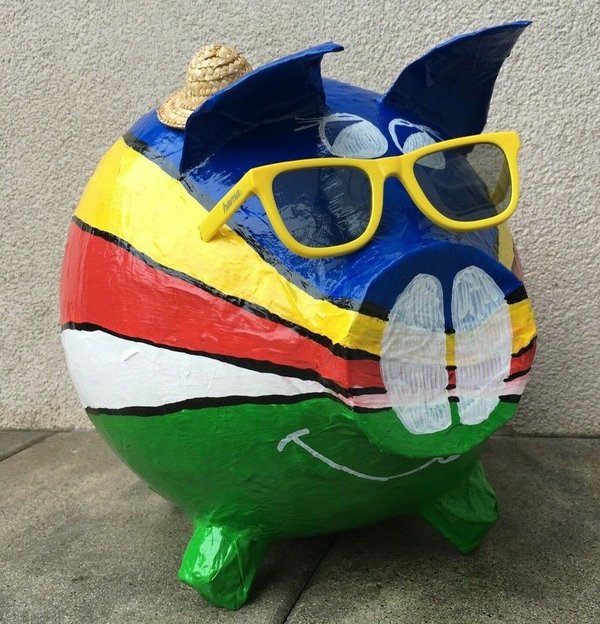 Sparschwein XXL Schwein Seychellen Flagge Kartenbox Geldgeschenk Urlaubskasse
