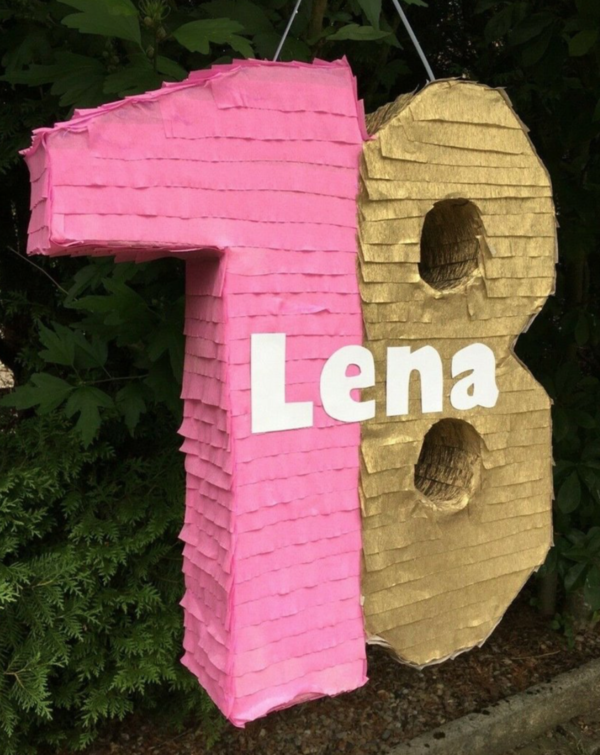 Pinata Zahl 18 in rosa - gold Geschenk 18. Geburtstag Geldgeschenk Box Türdekoration