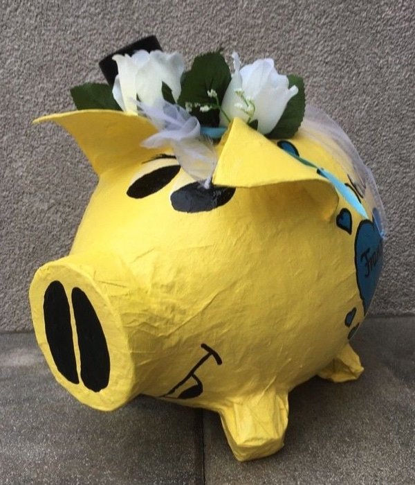 Sparschwein XXL Hochzeitsschwein Geldgeschenk Kartenbox gelb hellblau Glücksschwein