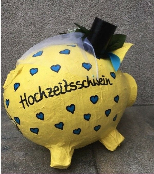 Sparschwein XXL Hochzeitsschwein Geldgeschenk Kartenbox gelb hellblau Glücksschwein