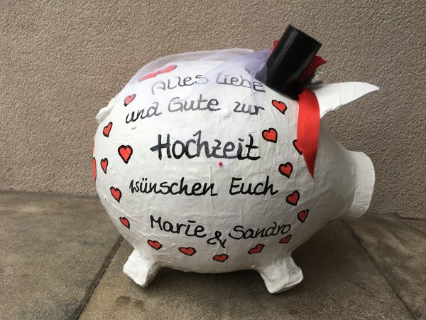 Sparschwein XXL Hochzeitsschwein weiss rot Geldgeschenke Box Kartenbox Herzen