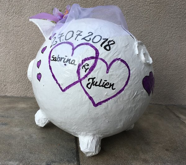 Sparschwein XXL Hochzeitsschwein lila weiss Initialen Brautpaar Geldgeschenk Kartenbox