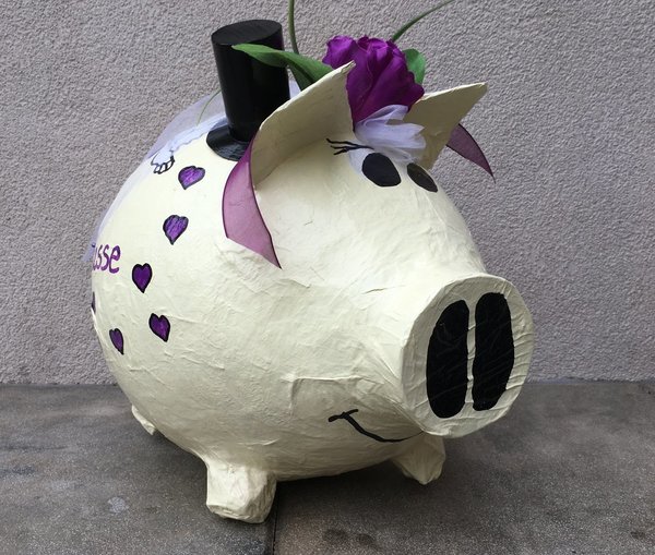 Sparschwein XXL Hochzeitsschwein Flitterkasse beige - lila Geldgeschenk Kartenbox