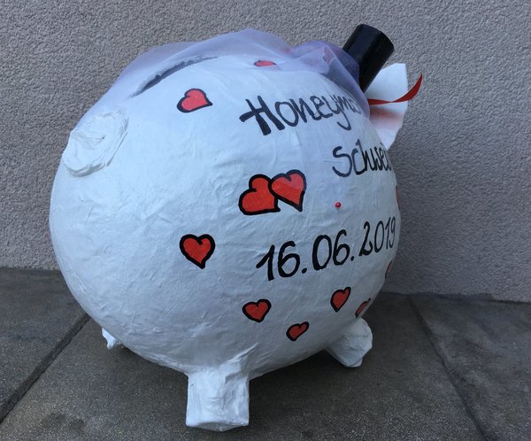 Sparschwein XXL Hochzeit Honeymoon Schwein Flitterkasse weiss-rot Geldgeschenk Kartenbox