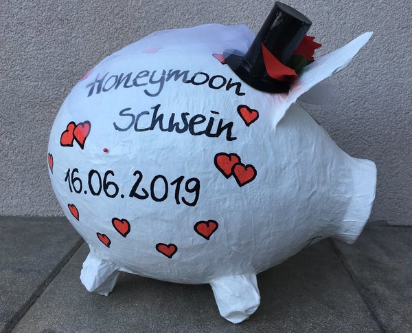 Sparschwein XXL Hochzeit Honeymoon Schwein Flitterkasse weiss-rot Geldgeschenk Kartenbox
