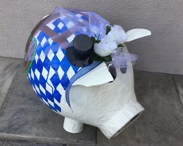 Sparschwein XXXL bayrische Hochzeit Kartenbox Hochzeitsschwein mit Lederhose Geldgeschenke Box