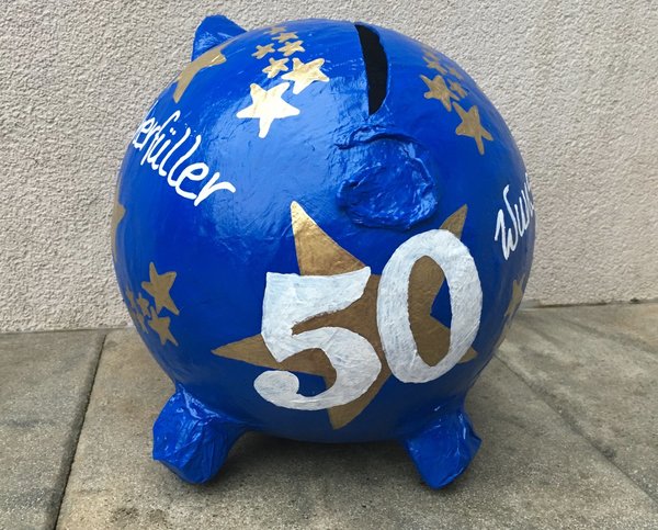 Sparschwein XXL Wunscherfüller zum 50. Geburtstag gold - dunkelblau Geldgeschenk Kartenbox