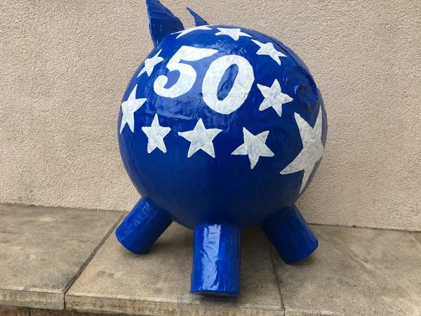 Sparschwein XXXL 50. Geburtstag blau mit weisse Sterne Geldgeschenke Box Kartenbox