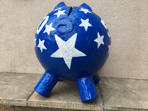 Sparschwein XXXL 50. Geburtstag blau mit weisse Sterne Geldgeschenke Box Kartenbox
