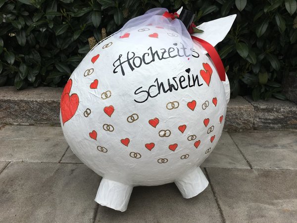 Sparschwein XXXXL Hochzeitsschwein weiss - rot - gold Kartenbox Box für Umschläge