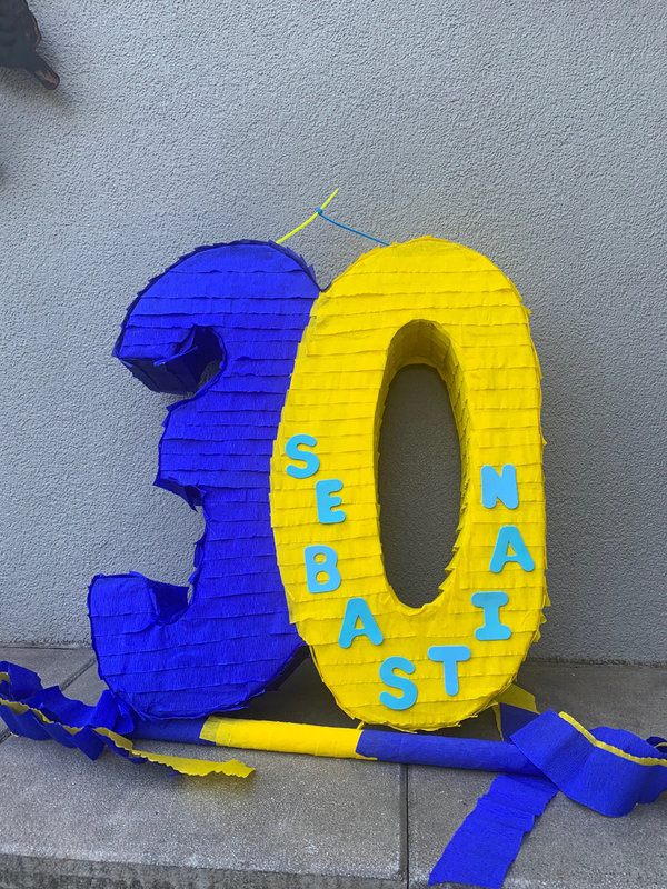 Pinata Zahl 30 blau - gelb Geschenk 30. Geburtstag Geschenke Box Füllbox Türdekoration