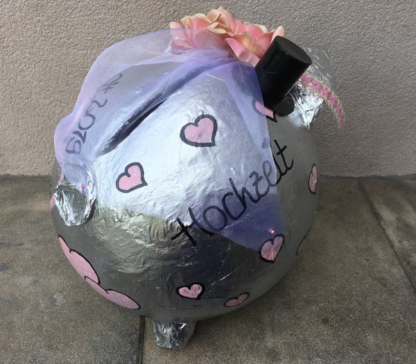 Sparschwein XXL Hochzeitsschwein silber - rosa Geschenke Box Kartenbox Geldgeschenk